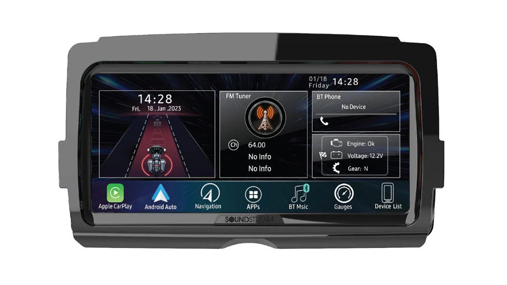 Soundstream radio met Apple CarPlay in de kuip van een Harley-Davidson